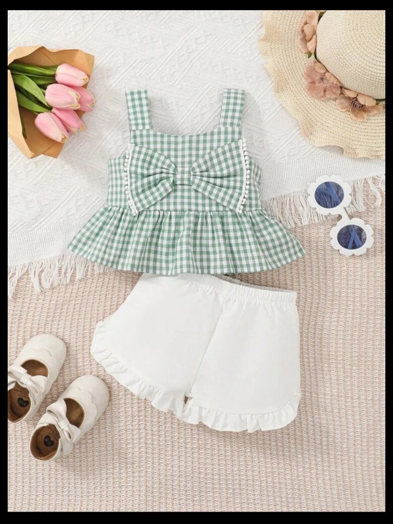 New Girls Gingham Print Bow Front Peplum Cami Top & Ruffle Hem Shorts Sz 12-18 M
